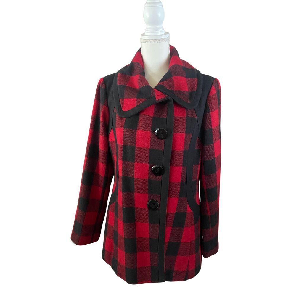 Guess Women’s XL Red Buffalo Plaid Wool Blend Pea Coat Jacket
